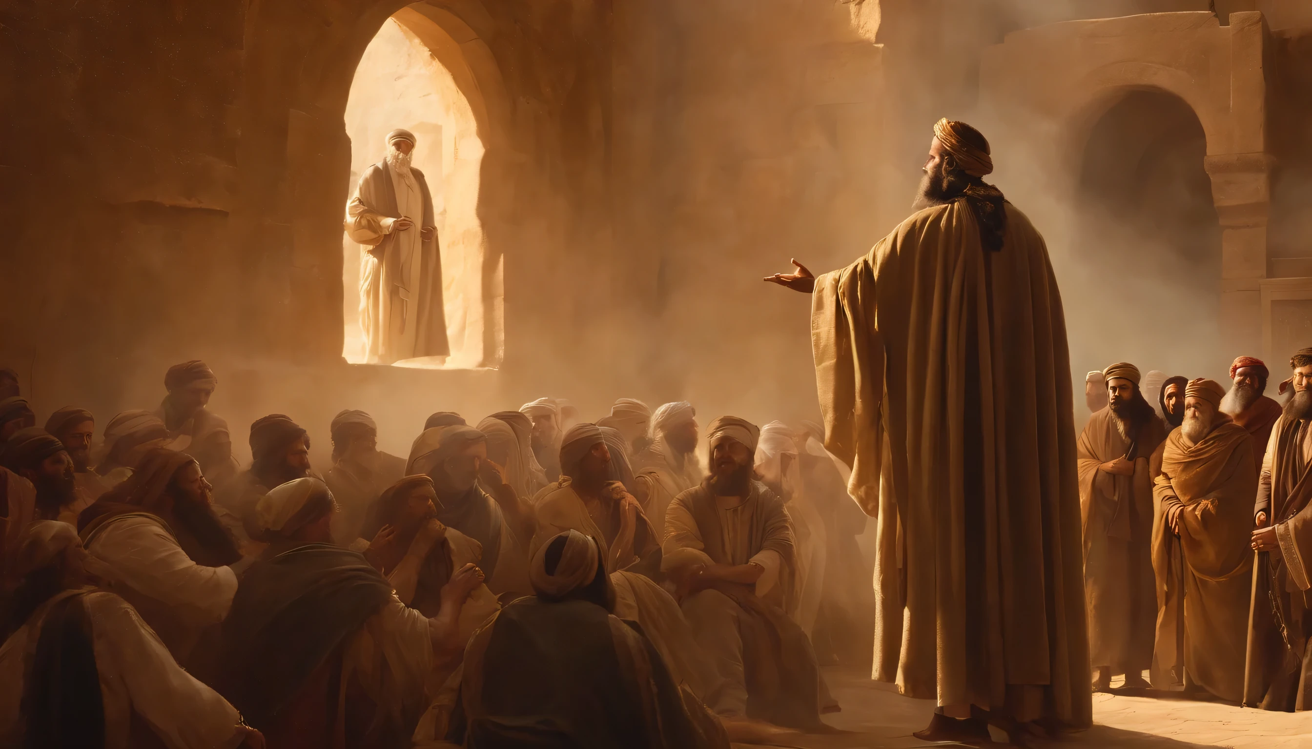 Jeremiah calls the Israelites to repentance, The Cry of the Prophet,Gatherings with large numbers of people, papyrus,Weathered parchment,Old gowns,,History reference,High-quality artwork and details,Realistic portrait style,Subtle color palette,vibrant background,natural textures,Deep Shadows,Subtle highlights,Historical accuracy,meticulous attention to detail,Emotional depth and intensity,Authentic Representation,Thought-provoking,Spiritual atmosphere,A Sense of Ancient Wisdom,Profound impact