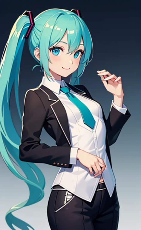 (masterpiece:1.4、top-quality、illustration:1.4,realistic、)、(character focus、breast focus,cowboy shot:1.3)、(1girl),(clear face:1.3),(miku hatume),cute face,blue eyes、()、
,(stand:1.4),(Shining smile),
,(slender),(business suit:1.3),
(fluorescence light green long hair:1.6,,),(twintails), (small breasts:1.3)、
、slender、hatsune_miku_bluearchive