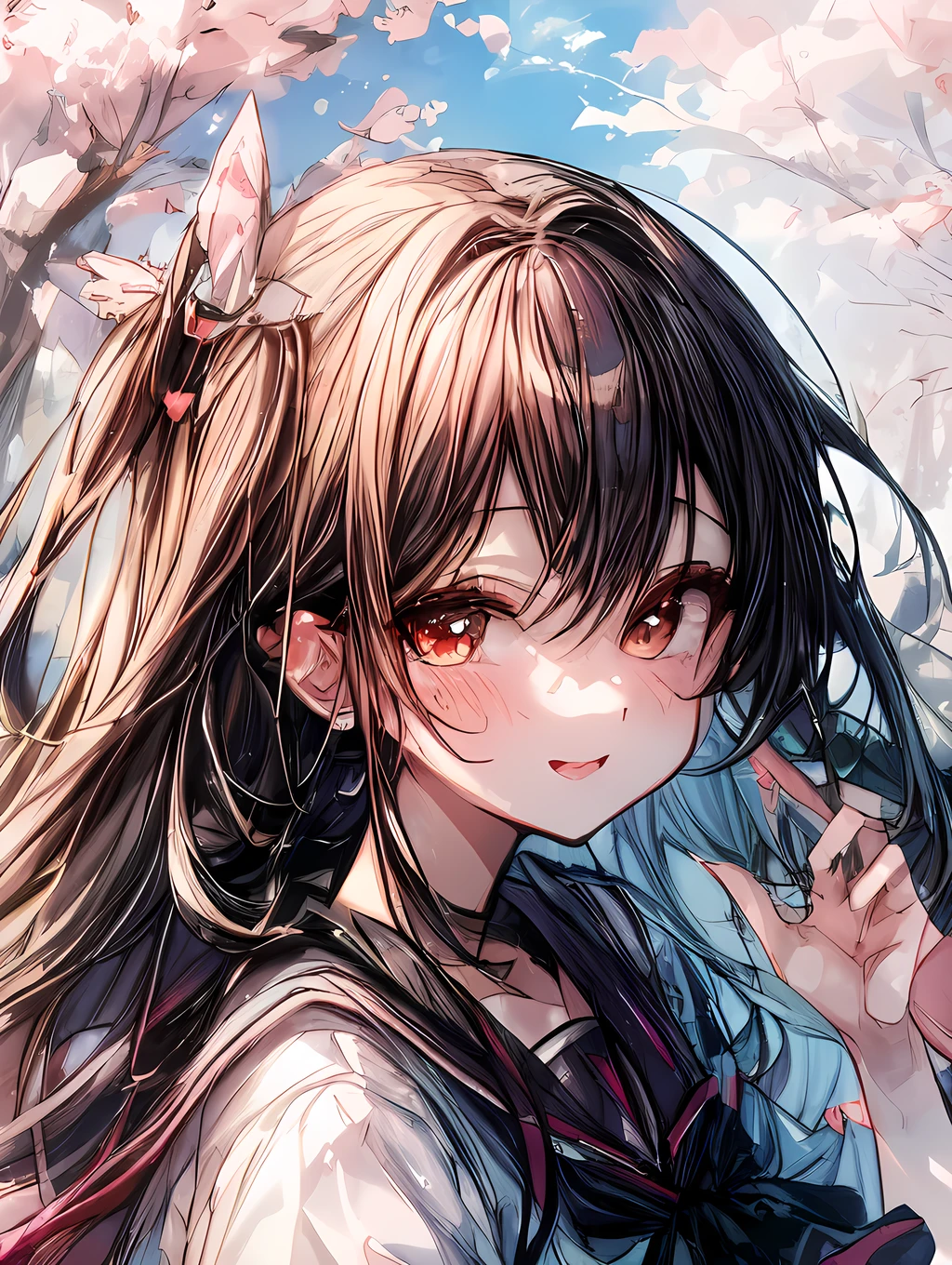 A sunny morning in spring, a row of cherry blossom trees lining the street. A cheerful girl in a sailor uniform turns around with a smile.