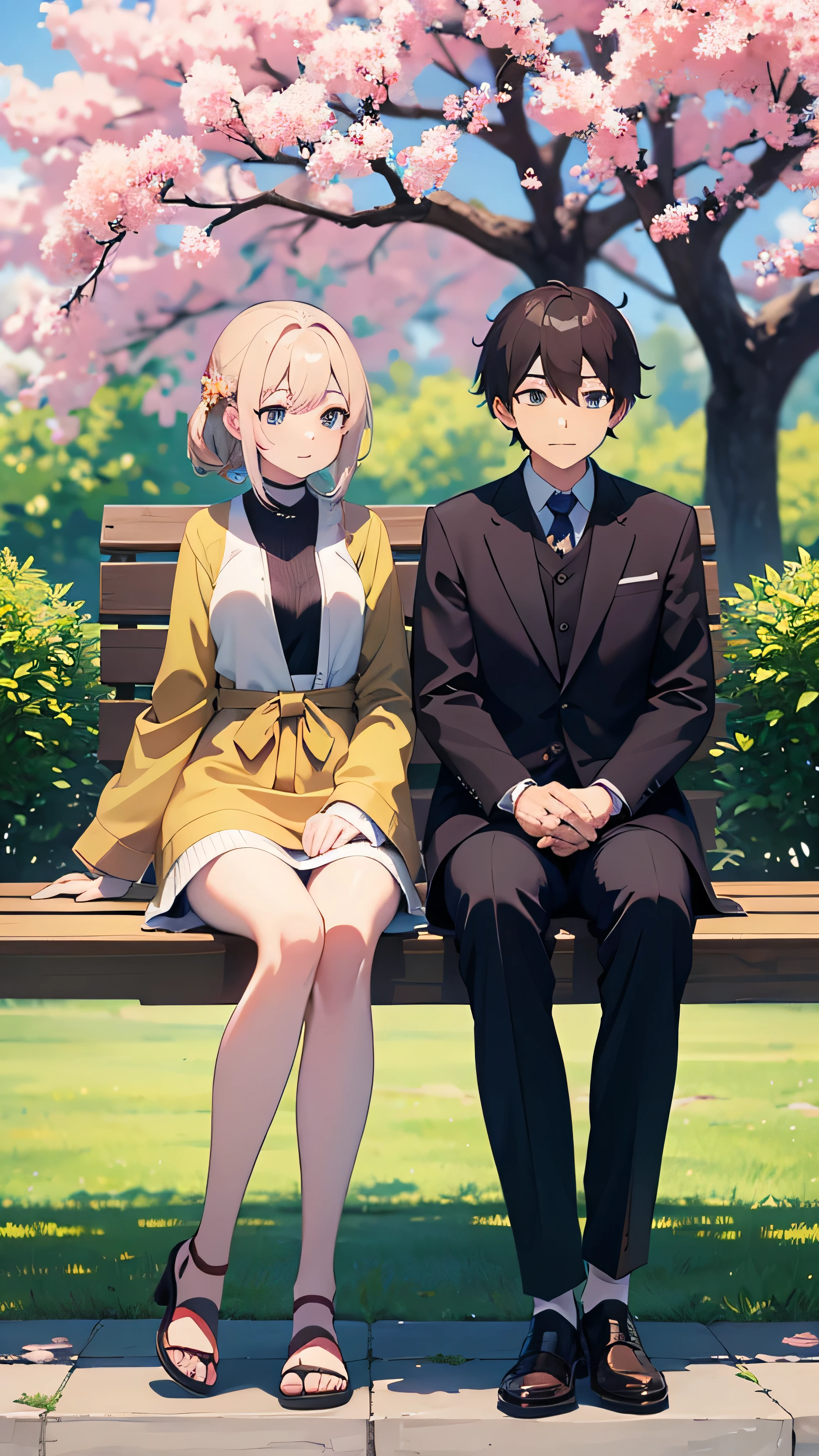 A couple is sitting on a bench in the park and talking。　Japanese anime style