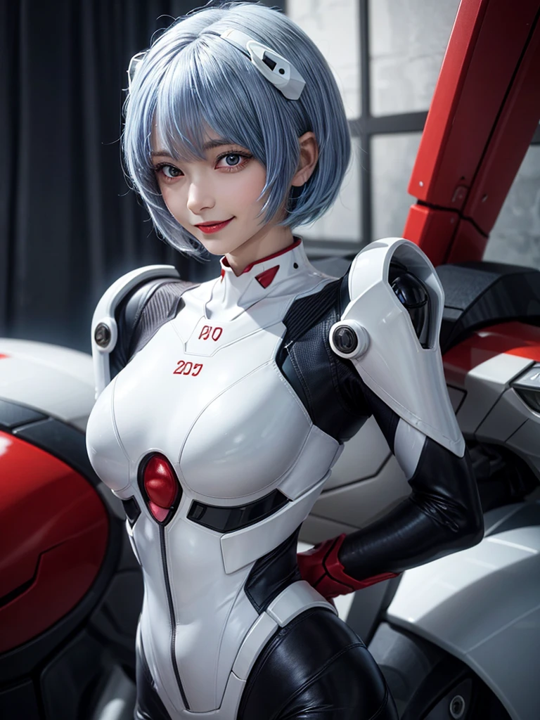 Masterpiece, highest quality, 8K, detailed skin texture, fine cloth texture, beautiful detailed face, intricate details, super detailed, portrait of Rei Ayanami, blue hair, red eyes, looking far away, no background, Evangelion Wearing a plug suit when riding, plug suit, whole body visible, standing, arms crossed, ************, beautiful, cute, great style, smiling,composition that shows the whole body,