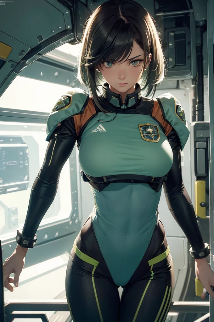 ((melhor qualidade)), Inside the space station, looking into space, Female shepard from mIt is effect series, cabelo ruivo curto, pale green eyes, muscle building, Roupas casuais, seios, It is, decote, looking into space