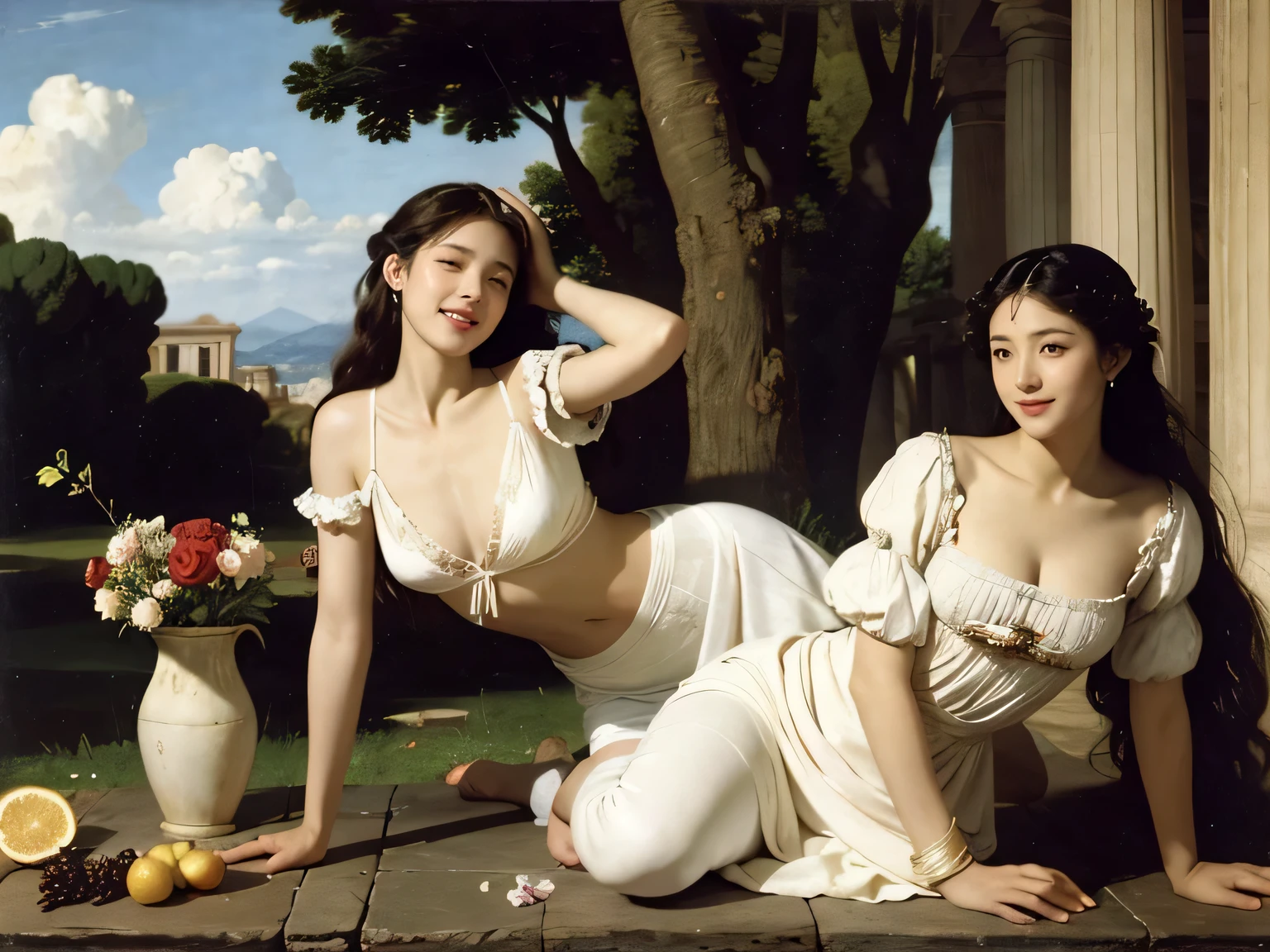 full body portrait or statue、Giorgione painting style,Arguments of two female Philosophe,math、astronomical machine、astronaut、roses in vase、fruits、Cute trinkets、smile、ancient greek costume、Ancient Roman landscape in the style of Nicolas Poussin,laughter,,Sweet and seductive appearance.、Caravaggio's paintings、Chiaroscuro of Caravaggio、hair tousled by the wind,Two women frolicking,cute smile, expression of ecstasy,Sexy,erotic,