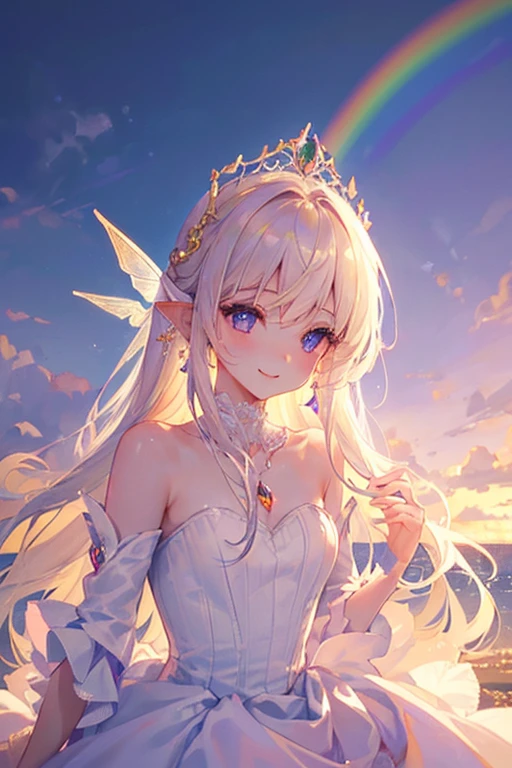 (highest quality, masterpiece, Super detailed, very detailed, exquisite, 16k,Full HD),A little closer,golden ratio,dramatic lighting,pastel colour,looks fun,fly in the sky,soft lighting, ((alone:1.5)),blue sky,rainbow,White cloud,fluffy clouds,above the clouds,((head shot)),The magic of the rainbow,(fairy princess, purple eyes, long eyelashes,white skin,slim,Pale pink plump lips,pale pink cheeks, The wind is blowing,blonde,thin and long,(thin and high nose,small nose),(Huge fairy wings from just above the waist),Diamond tiara,diamond earrings,Diamond Earrings,Diamond Choker,(white ball gown dress:1.1), pure white lace and frills,(smile:1.2), (fantasy, romantic atmosphere), magic light,