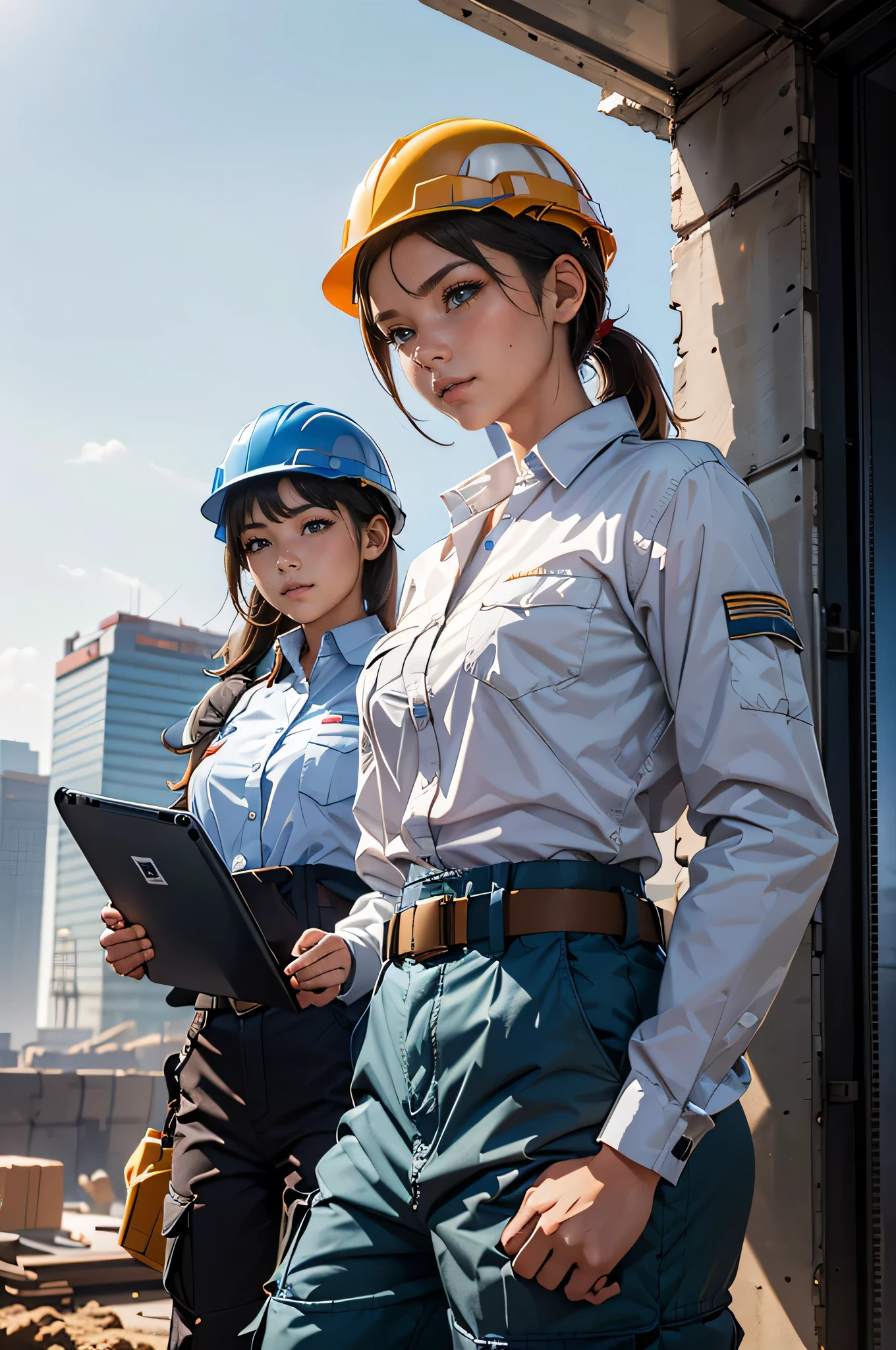 (highest quality, High resolution), Two girls working on a construction site, Long sleeve shirt, cargo pants, Safety helmet, Work Belt, Height Safety Harness, Checking the progress of construction work on a tablet. ,a girl in a suit wearing a Safety helmet. , They are meetings., Under the blue sky.