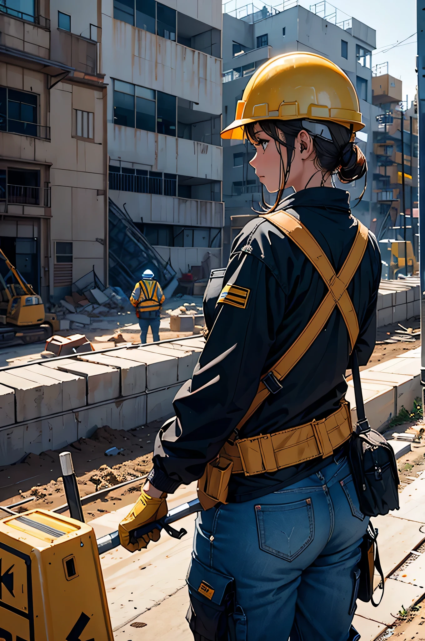 (High resolution,4K,highest quality:1.2),Very detailed,(Realistic:1.37), Girl at the construction site, wear long sleeve shirts, cargo pants, Helmet, Safety harness for working at height, Large-scale construction site,Professional,Industrial Lighting,Vibrant colors,Bokeh,Gritty atmosphere [Construction worker], [Urban], [Dynamic pose], [Powerful methods], [Safety Policy], [concrete], [crane], [Dust and debris], [Blueprint], [construction machinery], [steel frame], [Helmet], [Work gloves], [scaffold], [Looking at her from behind], [Construction site signage], [Noise and activity], [Yellow caution tape], [Sunlight and shadow], [Busy workers], [Dirt and mud], [Construction Vehicles], [Diligent] ,[She watches over the construction site from above..]This Professional prompt、I hope it helps you to create something beautiful, Detailed images of girls working on a construction site.。