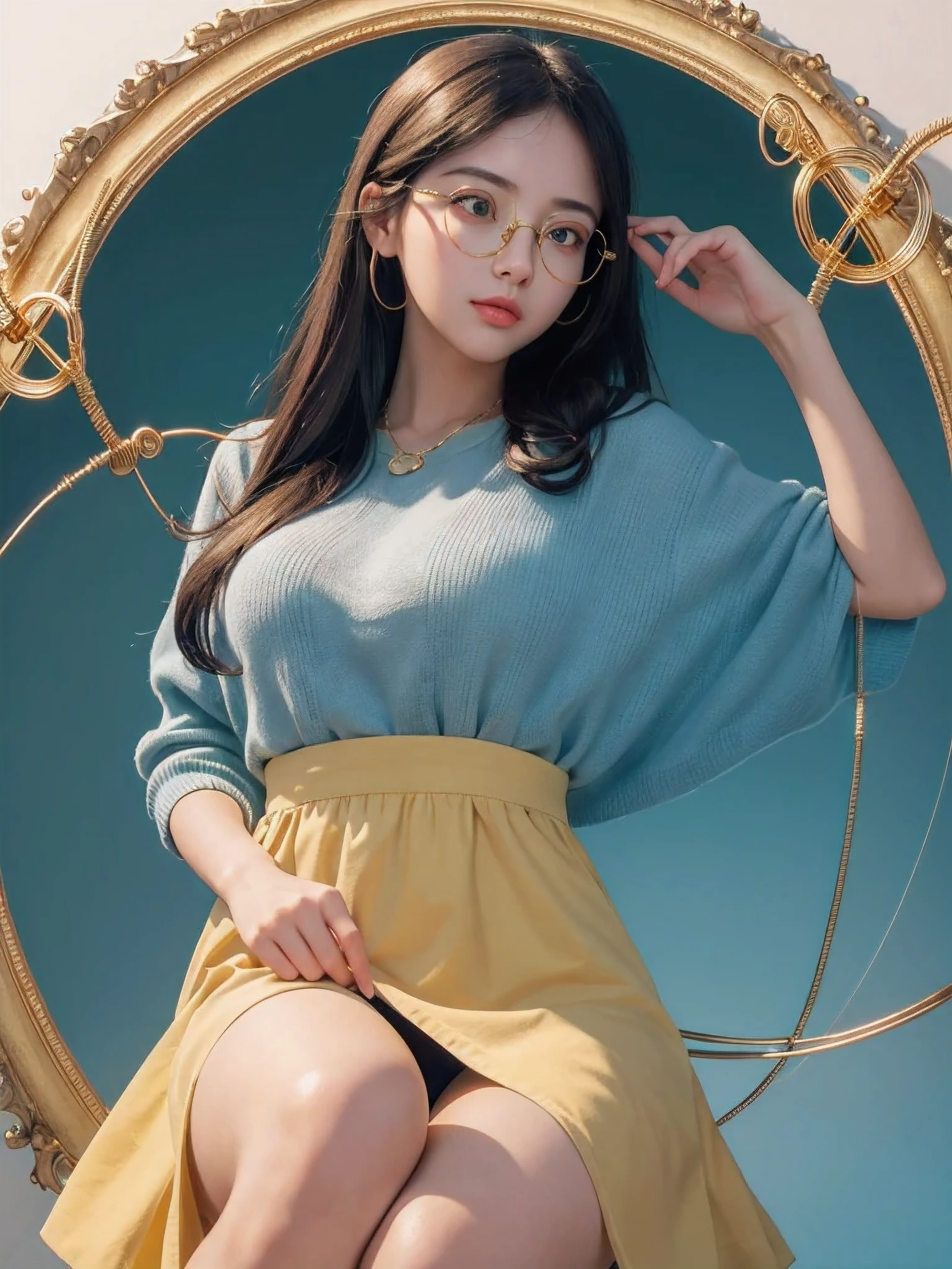 (Masterpiece, highest quality, super large resolution); (CG illustration); (a cute and cute girl); (sleepiness) (exhaustion); ((round-framed gold wire glasses)), (fashionable) (trendy); Rich colors, cyan, orange, yellow, green, cyan, blue, purple, fashion typography, magazine cover poster, hyper-detail, art, title, logo, label, badge, graphic design, detail post-processing, depth of field, high brightness, high saturation, more white space;