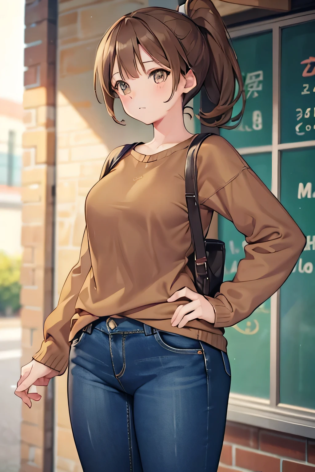 anime,Brown haired woman,Woman with short ponytail,Brown eyes,Body type is slightly chubby,Her breasts are small,Small ,Small breasts,White sweater and jeans