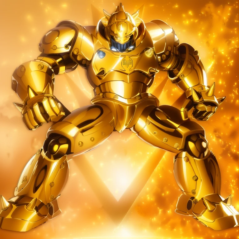 a close up of a robot with a yellow suit on, greek god in mecha style, heavy golden armour, yellow human-sized warforged, golden armor, body golden armor, yellow mech, gold armor, heavy gold armour, golden armour, tremendous mecha robot, sleek gold armor, the golden humanoid robot, robot metallic armor, gold armour, gilded shiny armour, golden armour, heavy golden armour, the golden humanoid robot, heavy gold armour, anime image of a giant robot with a huge smile on his face, solo