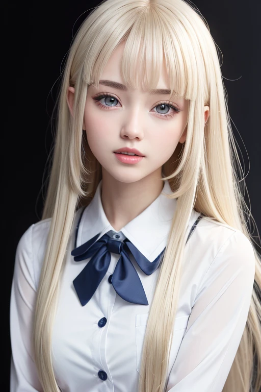 portlate、School Uniforms、bright expression、poneyTail、Young shiny shiny white shiny skin、Best Looks、Natural platinum blonde hair with dazzling highlights、shiny light hair,、Super long silky straight hair、Beautiful bangs that shine、Double eyelids、eye liner、Glowing crystal clear attractive big blue eyes、Very beautiful nice cute 16 year old Nordic girl、Lush bust