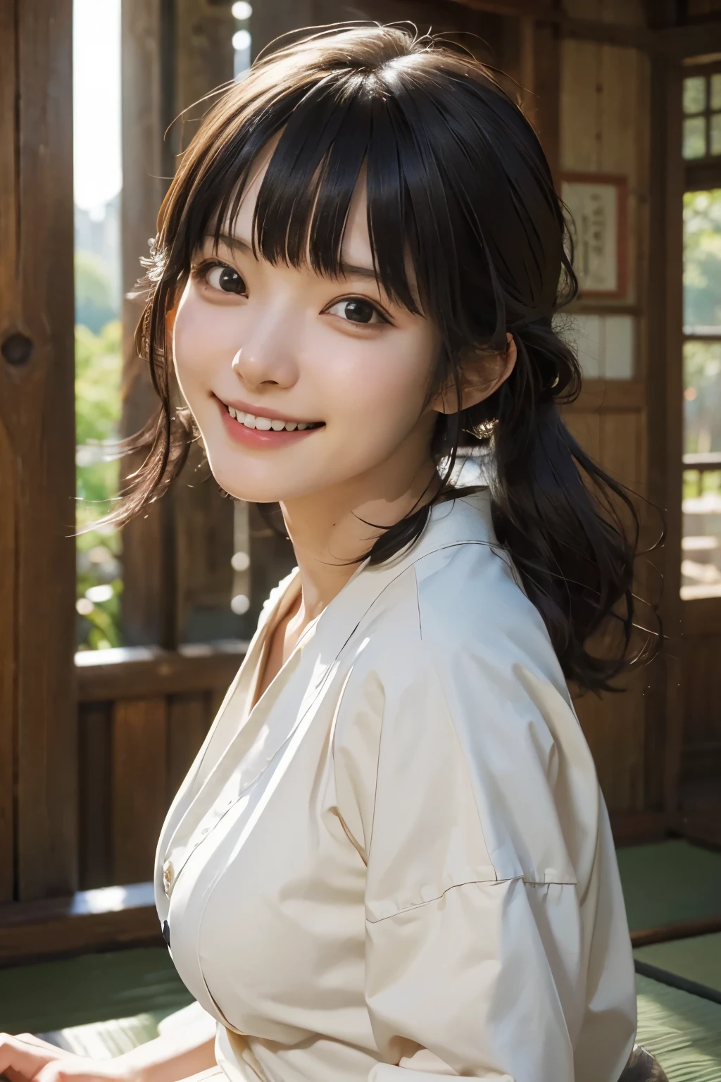 ((one piece, 1 girl)), Ultra-high resolution, (Realistic: 1.4), smile,Showing teeth,RAW Photos, highest quality, (PhotoRealistic Stick), concentrate, Soft Light, ((Age 25)), ((Japanese)), (( (Young Face))), (surface), (Written boundary depth), masterpiece, (Realistic), woman, bangs, ((1 girl))