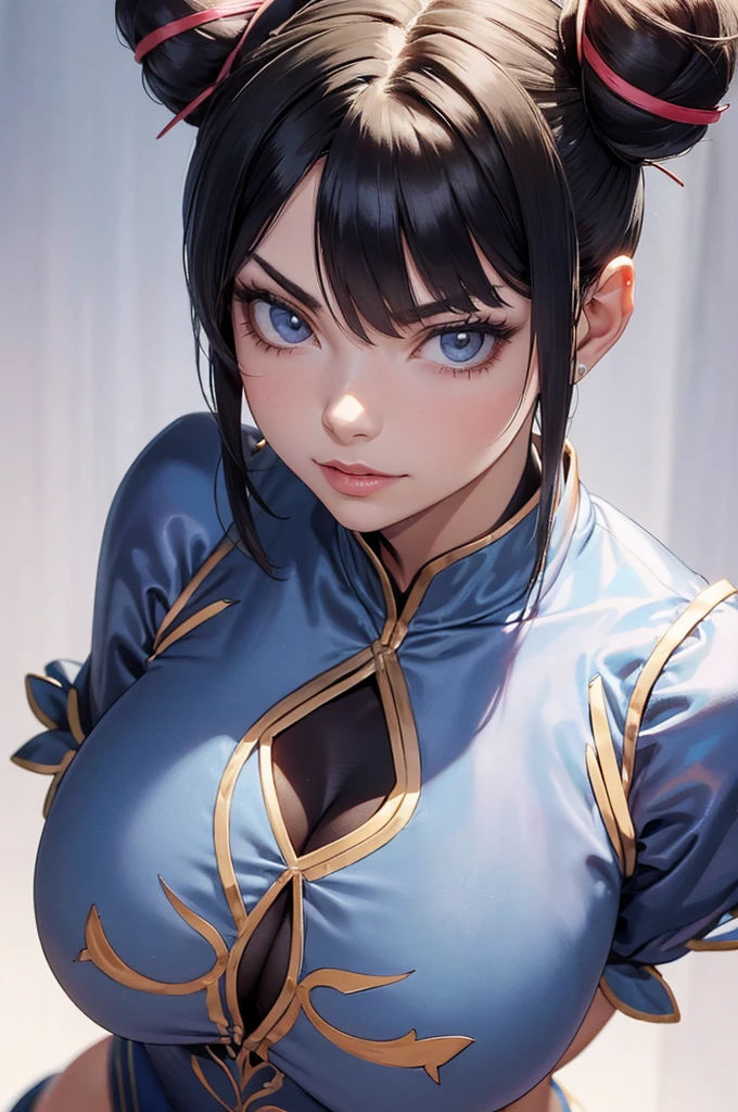 melhor qualidade,roupa azul,juri han,solo, masterpiece, best quality, agrias, grey sweater, black leotard, standing, looking at viewer, short hair,oculos,evil smile, evil look,luvas preta,roupa azul,yandere rosto,low lighting,coxa sarada copo detalhado,olhando para frente