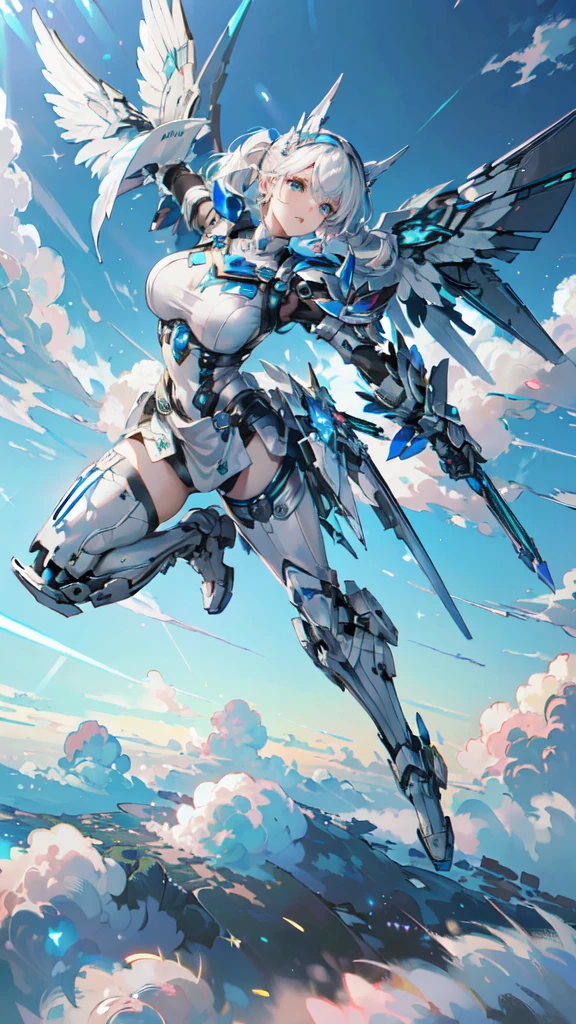 (masterpiece, best quality, great, Unity's highly detailed、8k wallpaper, Depth of Field, Super detailed illustrations:1.5)、3D, Extremely detailed, (whole body、Mechanical Elf Girl:1.3), sci-fi battlefield, hawken, Smile, open mouth, Short Ponytail, (white blonde, Deep blue eyes:1.2), Bright Eyes, Cute face, Kawaii, Large Breasts, Fine hair, Messy hair, (((Flying in the sky))、Blue sky, White Cloud), Shiny hair, Glowing skin, (Symmetrical mechanical wing、Metallic colored mechanical wings that are widely expanded to the left and right so that they protrude greatly from the screen, hat, White hair ornaments), (Light Particles, Movie Lighting: 1.3), (Thin pink lips: 0.8), author:Yusuke Murata.
