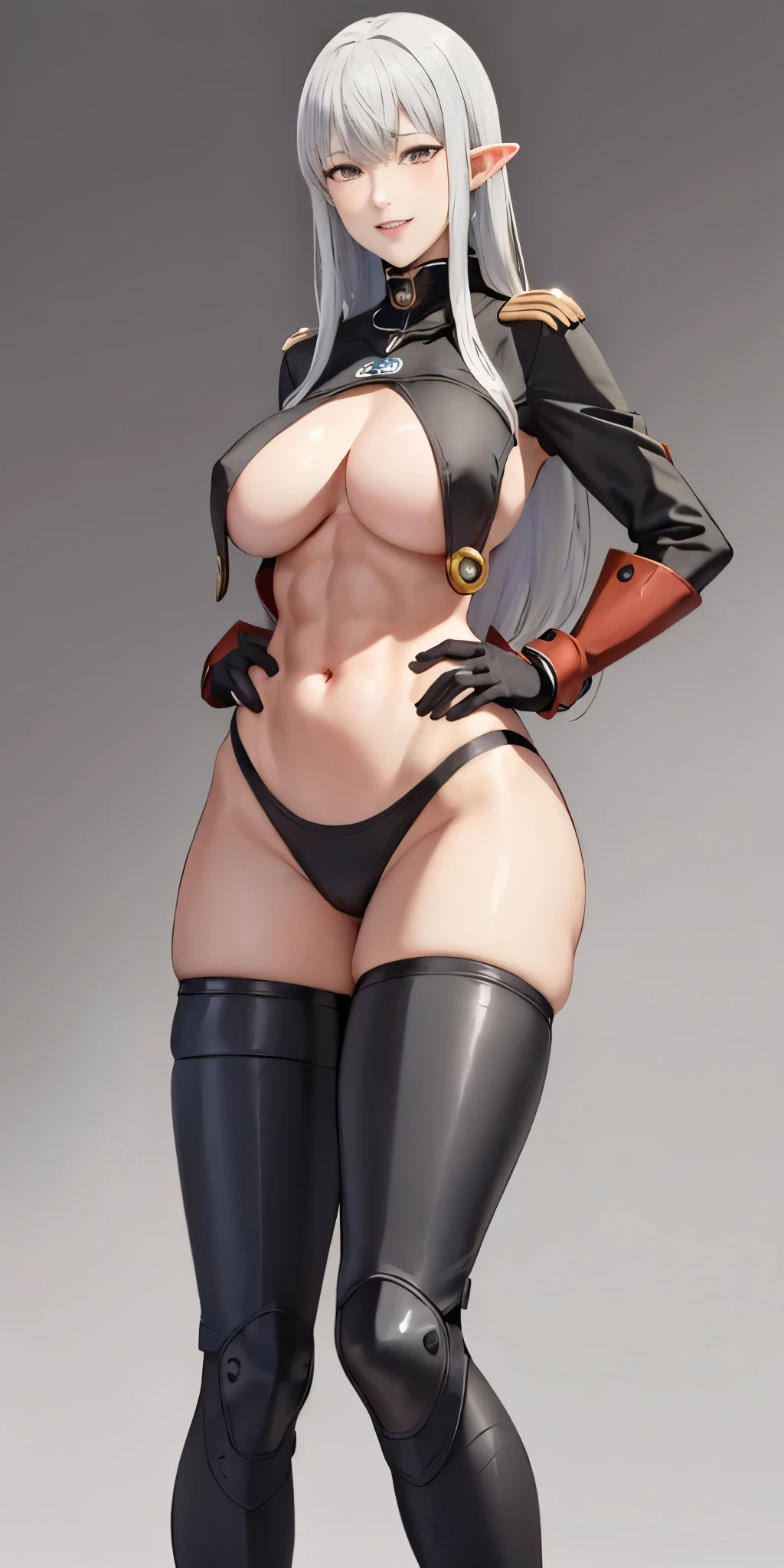 (masterpiece, 4K, best quality:1.2) (Selvaria Bles (Valkyria Chronicles) LoRA) grey background, full body, view from below, far shot, cow boy shot, looking at viewer, (Selvaria Bles (Valkyria Chronicles) LoRA) ((1girl)) full body standing straight symmetrical looking to the viewer, view from below, grey skin, drow, elf, mature, detailed happy face, purple eyes, white silver hair, abs, navel, big knockers, golden chain collar, stomach tattoo (red tattoo), hands on hips, wide hips, thick thighs, gantz suit