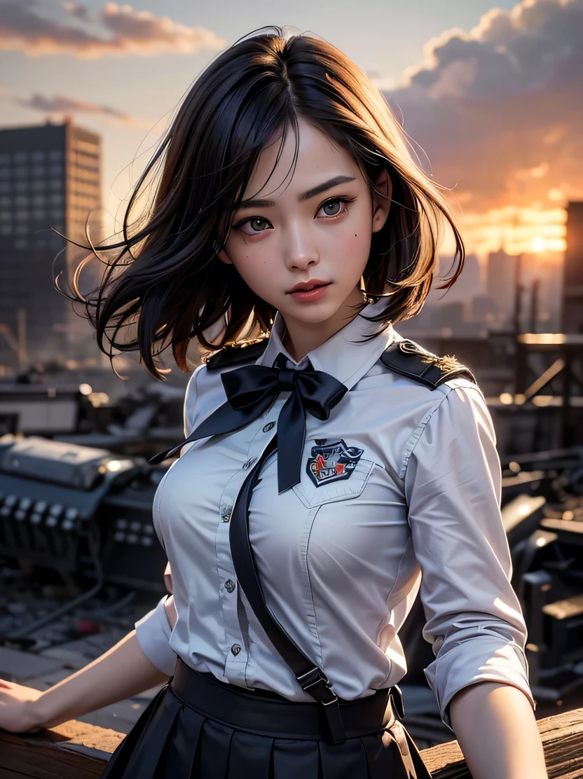 ((masterpiece、highest quality、Genuine、Very detailed、High resolution、Sharp focus、Photorealistic、Cinematic lighting))、Natural and realistic colors、((1 girl、Bust Shot))、Official Art、SF Movies、Adult female, Age 25、Dark blue eyes、Black bob short hair、uniform、Formal wear、Polite uniform、Serious face、Sharp eyes、Realistic Face、The background is a battlefield、Burning buildings、Spaceship in the sky、Bullets fly、Dynamic Action、View your viewers、Detailed hand drawing