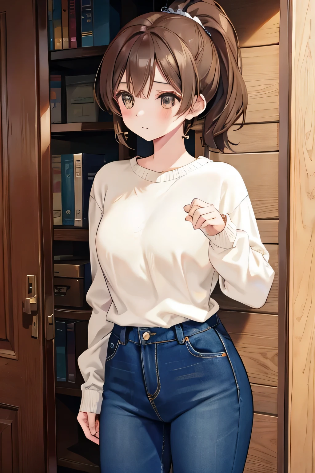 anime,Brown haired woman,Woman with short ponytail,Brown eyes,Body type is slightly chubby,Her breasts are small,Small ,Small breasts,White white sweater and jeans