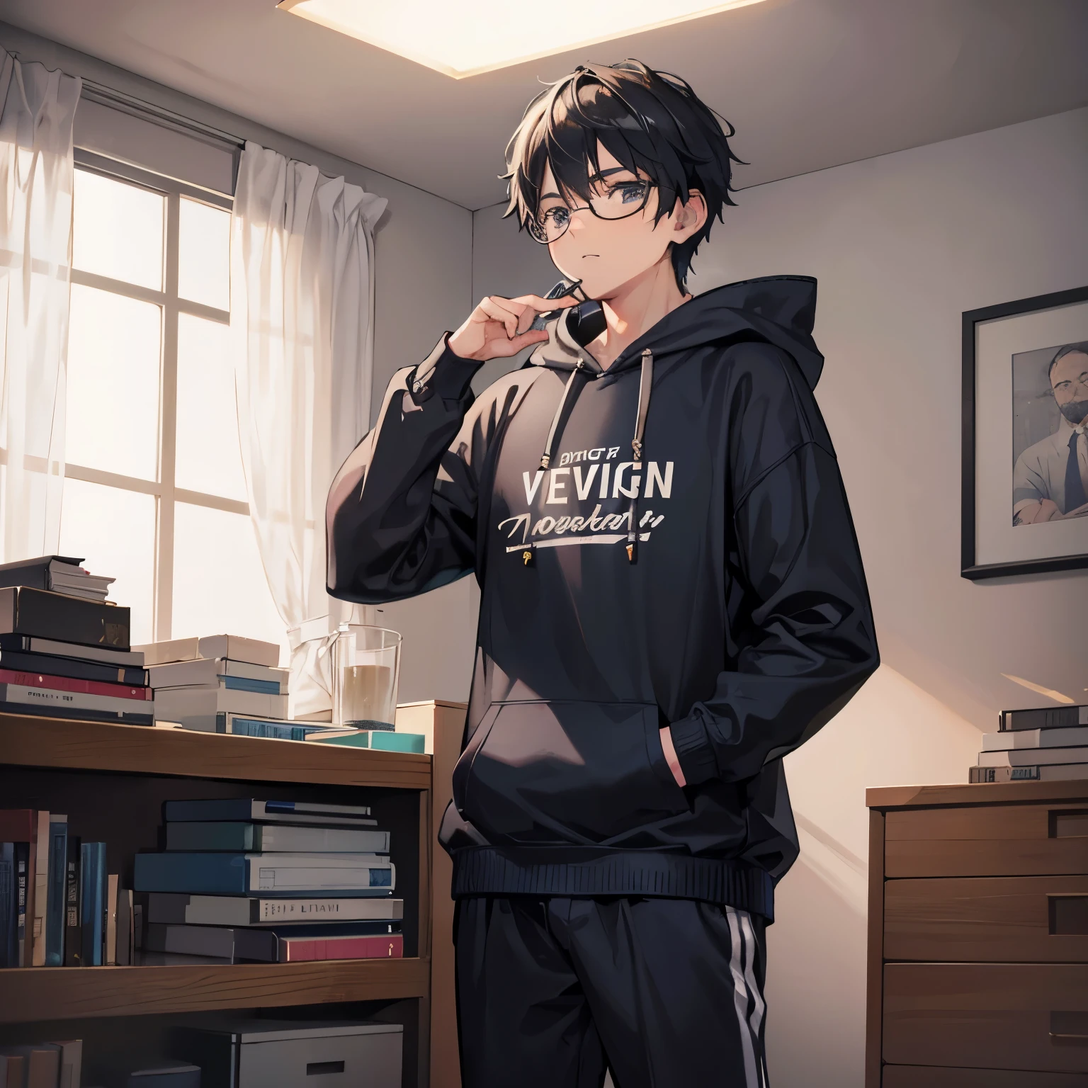 Handsome boy with hoodie, wearing spectacles, in the room with name "Thoiyyib", 3D animated photo.