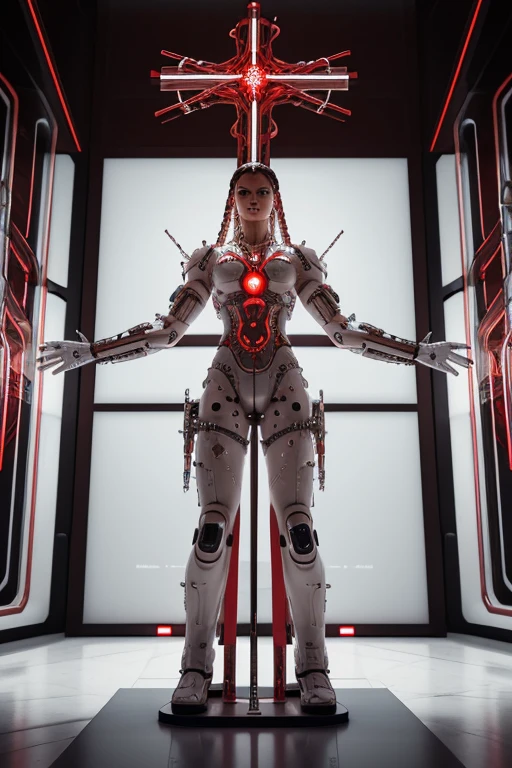 space station interior white cross cross inflateble shapes wires tubes veins wires tubes veins jellyfish white biomechanical details a statue jesus on cross made of red marble hands nailed to a cross perfect symmetrical full shot, wearing epic bionic cyborg implants masterpiece, intricate biopunk vogue highly detailed artstation concept art cyberpunk octane render