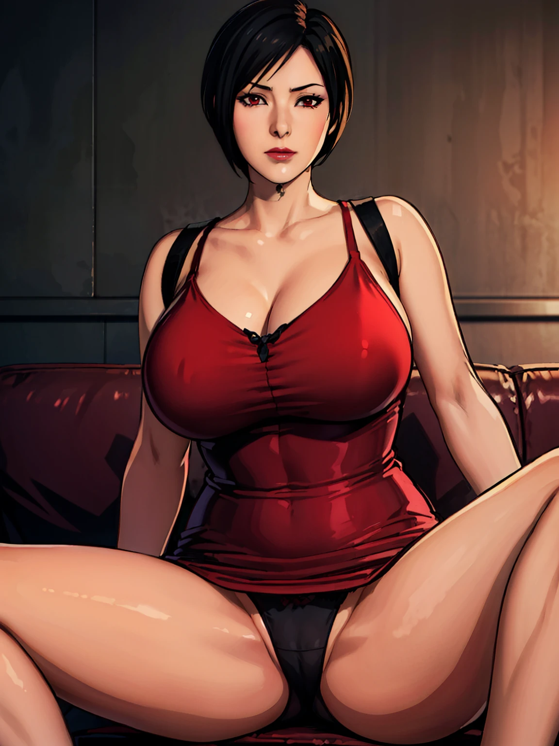 sitting on red luxury sofa, spread her legs, black panties, luxury livingroom background, ada wong, anime cels style, best quality, high resolution, 1girl, (huge breasts:1.2), beautiful face, lipstick, cowboy shot of beautiful ada, looking at viewer, red dress, black hair, short hair, embarassed