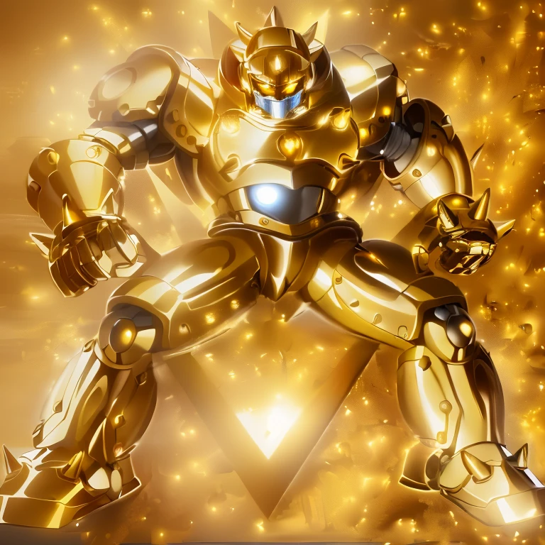 a close up of a robot with a yellow suit on, greek god in mecha style, heavy golden armour, yellow human-sized warforged, golden armor, body golden armor, yellow mech, gold armor, heavy gold armour, golden armour, tremendous mecha robot, sleek gold armor, the golden humanoid robot, robot metallic armor, gold armour, gilded shiny armour, golden armour, heavy golden armour, the golden humanoid robot, heavy gold armour, anime image of a giant robot with a huge smile on his face, solo