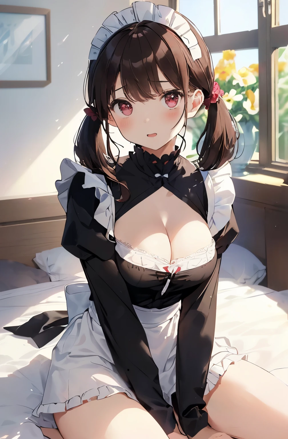 best quality, masterpiece, solo, 1 Female、Age 25、(Soft Bust:1.2)、Larger breasts、(Cleavage)、(Slender figure)、(Maid Style:1.2)、White lace underwear、Thighs、(Change of clothes:1.2)、Sitting、(White highlight in pupil:1.2)、Dark reddish brown eyes、(Twin tail hair)、(Black-haired:1.2)、(View your viewers:1.2)、White skin、(blush)、(Embarrassed expression)、Wooden bedroom、Wooden bed、(I blur the background a lot to make the woman stand out.:1.3)、(The sunlight shines in)、(Beautiful flowers in the background)