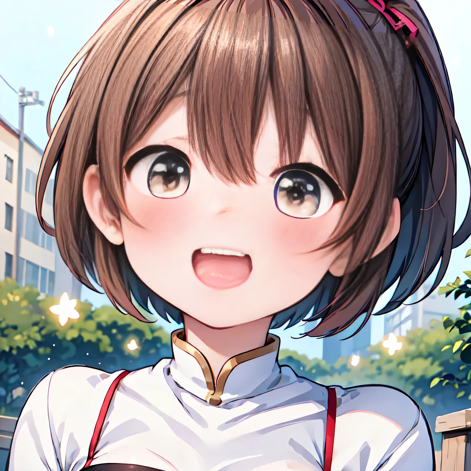 (masterpiece, highest quality, highest quality, Official Art, beautifully、aesthetic:1.2),Very detailed,Intricate details,Great illustrations,Award-winning art,atmosphere, break, break, 1 beautiful girl, alone,Slightly chubby,(cute:1.5),(Little:0.8), (cute:1.5),(upon:0.5), break, (girl, cute, Hilarious, face,Brown Hair,Short ponytail,We say,Brown eyes:1.2),Glowing Skin,Beautiful Skin, Smaller breasts,beautiful , Glowing Skin,Beautiful Skin, beautiful skin,( Laughter:1.5),(highest quality face),(highest qualityの輝く目),(The best smile,:is:1.45), break,White sweater,Jeans,(coat:1.35), break,(evening), 笑face, alone,Flower stall, outside of home, central,Early Modern European Buildings,Classic Cars,waterfall,Depth of written boundary, break,Wakame seaweed,Wakame seaweed,Wakame seaweed,(isynamic Angle:1.4), Girls Focus, break,(Blurred Background:1.3),(Absurd, High resolution, Super isetail Art),Cel Shading,Clear Color, Optical Effects, beautiful pictures, Bright glow, Mysterious atmosphere,(Close-up of girl:1.1), Mysterious light particle effect,Manga influence, Beautiful line drawing,