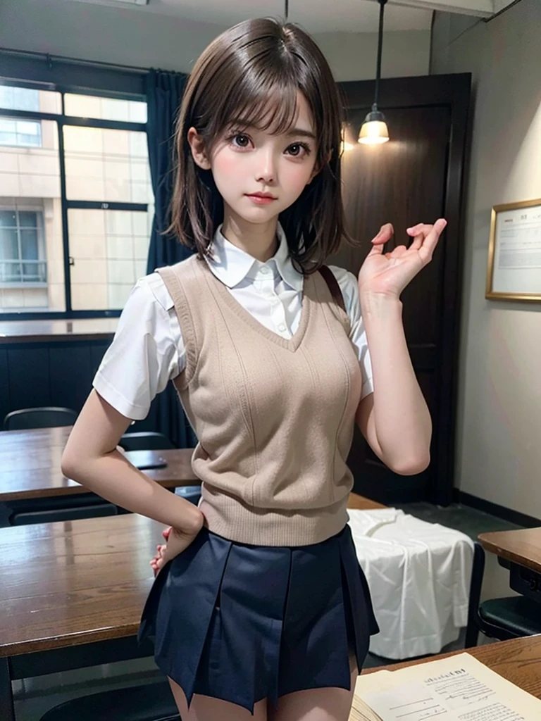 Masterpiece, Top Quality, Top Mikoto, brown eyes, short hair, small breasts, looking at viewer, alone, closed mouth, collared shirt, beige knit vest, dark blue Skirt, school_uniform, shirt, white_shirt, classroom,Masterpiece, highest quality, 8K, detailed skin texture, fine cloth texture, beautiful detailed face, intricate details, super detailed,cute,cute posing,composition that shows the whole body,