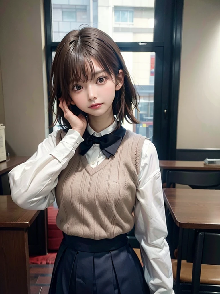 Masterpiece, Top Quality, Top Mikoto, brown eyes, short hair, small breasts, looking at viewer, alone, closed mouth, collared shirt, beige knit vest, dark blue Skirt, school_uniform, shirt, white_shirt, classroom,Masterpiece, highest quality, 8K, detailed skin texture, fine cloth texture, beautiful detailed face, intricate details, super detailed,cute,cute posing,composition that shows the whole body,