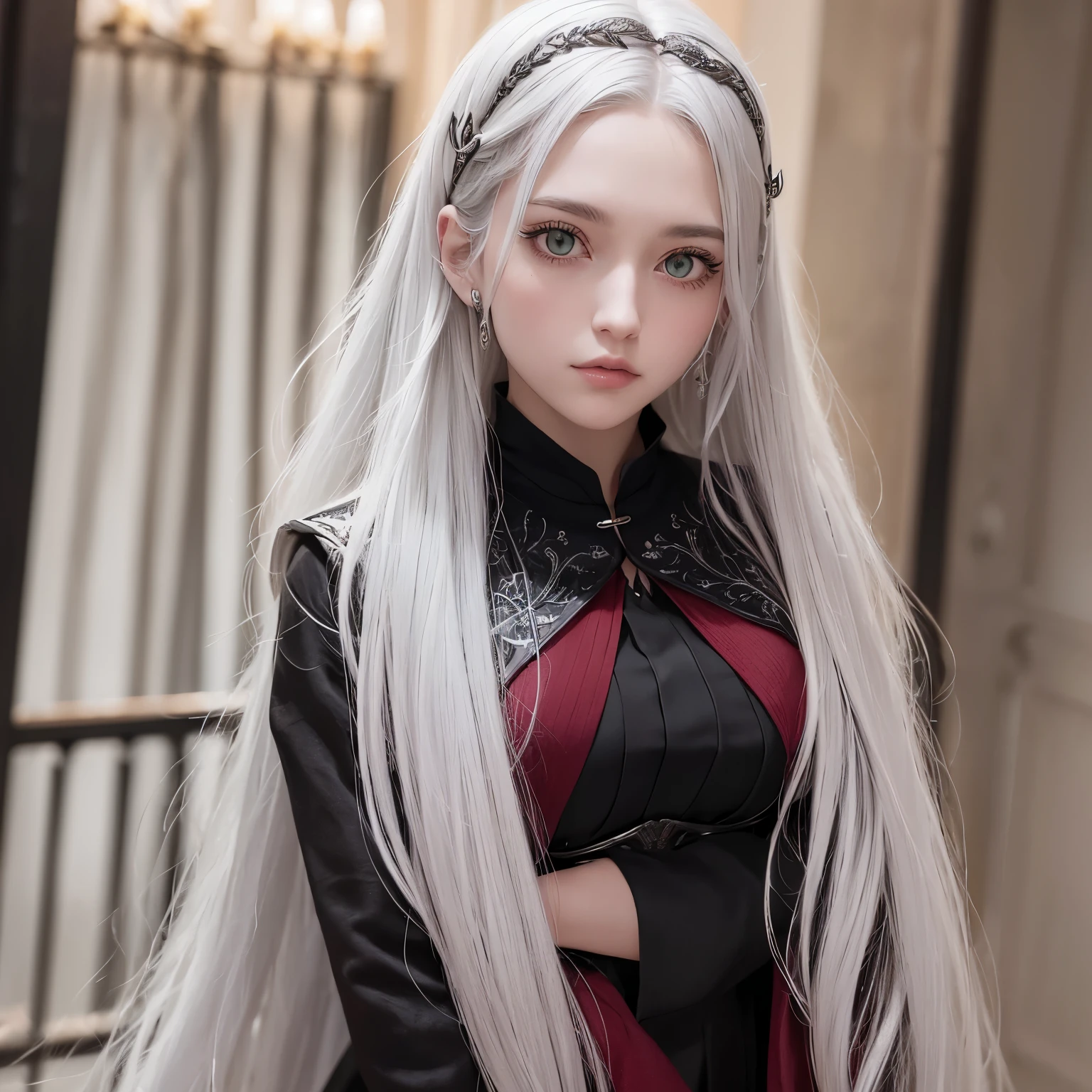 A girl around 20 years old, silver hair colour and long hair, green eyes, wearing a black and red dress just like in the kingdom era (inspired by Rhaenyra Targaryen)