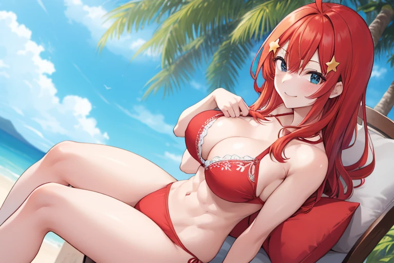 2d, masterpiece, best quality, anime, highly detailed, 5 girl, photo of 5 girl, quintuplets, nakano itsuki, red hair, long hair, star hair ornament, ahoge, large breasts, spa, red bikini, outdoors, smile, sexy body, perfect body, abs muscular, belly button, side breasts, back of thigh, breast size comparison, breast fight, breasts pressing, breasts pressed together, pairing a character with their own themselves, low angle, underboob, lots of breasts, multiple girls, sitting cross-legged, shoulders pillow