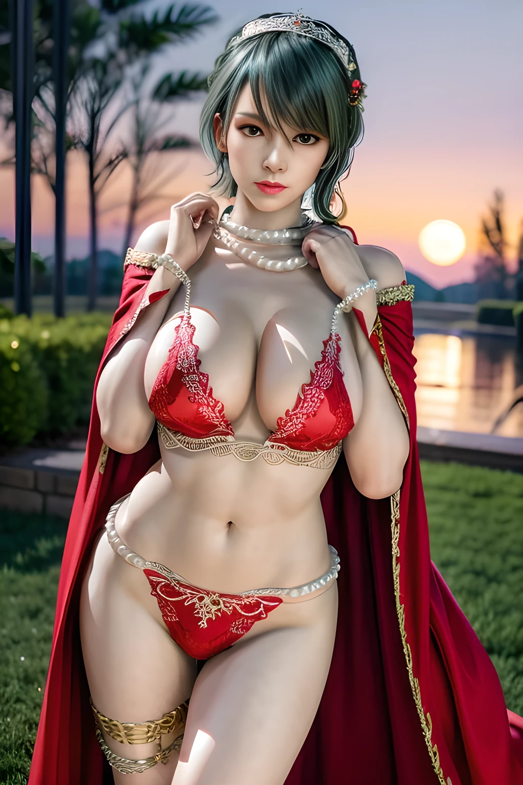 1 girl,lean over WINK,(Wearing Wedding Dress:1.2) ,(Wearing Jewel:1.2) ,( red lace_cloak:1.3),(Fluffs :1.4),(pearl bodychain:1.3),garden,nighttime,moon,( huge breasts ),cleavage,shiny skin,lip gloss,tattoos, masterpiece, best quality, realistic ,Surrealism,Rich artistic colors,natural colors art in 8k,3D,Portrait art,solo, tamaki