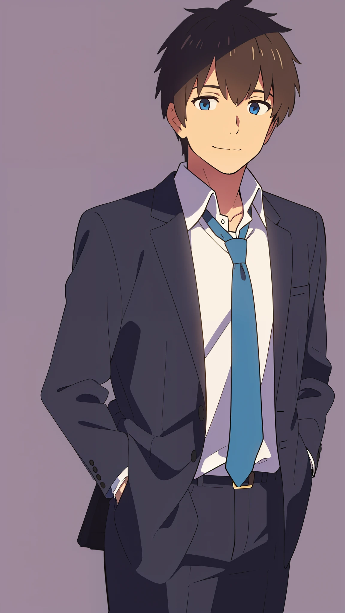 shinkai makoto, kimi no na wa., tachibana taki, 1boy, brown hair, blue eyes, collared shirt, white shirt, black blazer, blue ties, black pants, long sleeves, male focus, solo, smile, looking at the viewer, upper body, white plain background