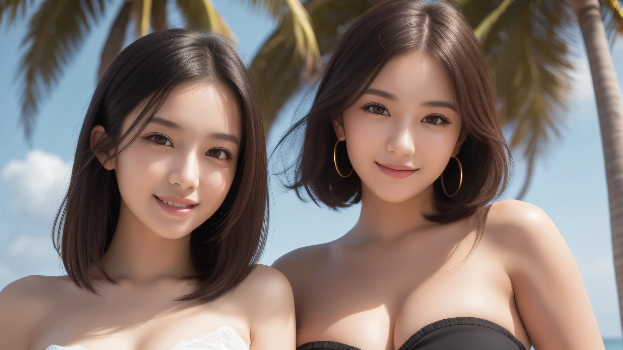 (2girl), nice smile, (Tube top:1.2), bob hair, sexy look, (Best Quality:1.4), (Ultra-detailed), (extremely detailed beautiful face), brown eyes, (highly detailed Beautiful face), (extremely detailed CG unified 8k wallpaper), Highly detailed, High-definition raw color photos, Professional Photography, Realistic portrait, Extremely high resolution, beach, Palm tree, (Fine face:1.2), sunny day