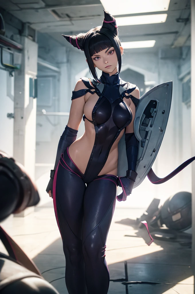 melhor qualidade,roupa azul,juri han,solo, masterpiece, best quality, agrias, grey sweater, black leotard, standing, looking at viewer, short hair,oculos,evil smile, evil look,luvas preta,roupa azul,yandere rosto,low lighting,coxa sarada copo detalhado,olhando para frente
