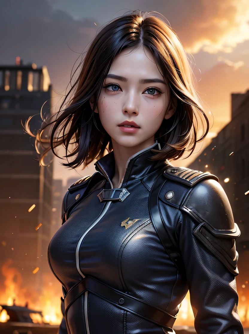 ((masterpiece、highest quality、Genuine、Very detailed、High resolution、Sharp focus、Photorealistic、Cinematic lighting))、Natural and realistic colors、((1 girl、Bust Shot))、Official Art、SF Movies、Adult female, Age 25、Dark blue eyes、Black bob short hair、uniform、Formal wear、Polite uniform、Serious face、Sharp eyes、Realistic Face、The background is a battlefield、Burning buildings、Spaceship in the sky、Bullets fly、Dynamic Action、View your viewers、Detailed hand drawing