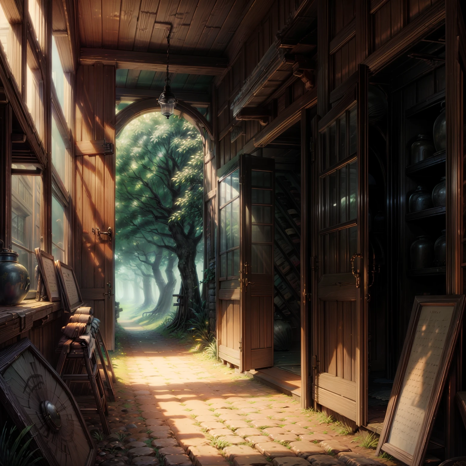 best quality,Masterpiece,The forest is peaceful and lonely. There is a shop in a large forest in the middle of a valley.
