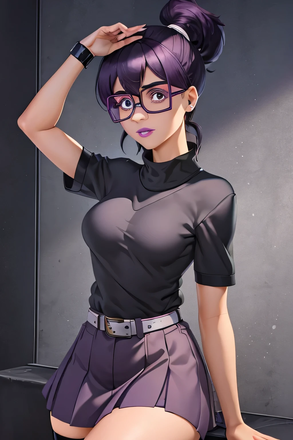 A gothic school girl with a big chest, squared purple hair, cut off her dark blue eye, wearing square glasses, a dark purple lip, wearing a black rock shirt, short sleeves, showing her arm, and a blue striped skirt when wearing a brown belt, wearing a brown belt, and wearing shiny black sneakers.