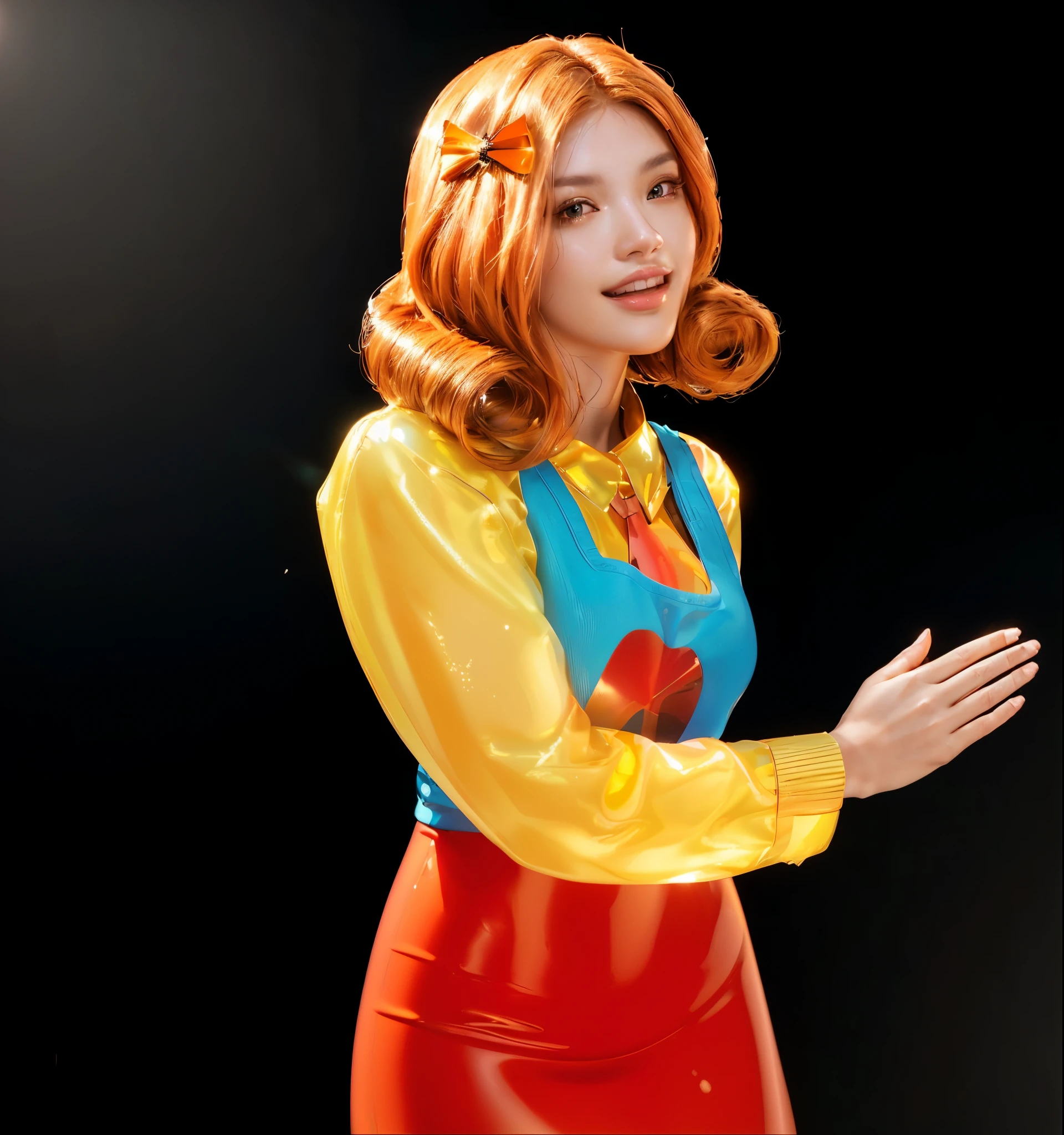 A woman with orange hair and a red apple on her shirt. glossy texture, smooth 3d model, multiple light sources, rim light, sharp post effects render, (glossy plastic texture with multiple big light probe refractions), perfect cgi, smooth silhouette, high intensity refraction, (super glossy material), most beautiful vfx, blue background, plastic refractions, realistic, 4k, high resolution, rim light, photo shoot, commercial photo, profile shot, 4k, rim light, high resolution, 4k, glossy texture, smooth 3d model, multiple light sources, rim light, sharp post effects render, (glossy metallic texture with multiple big light probe refractions),
