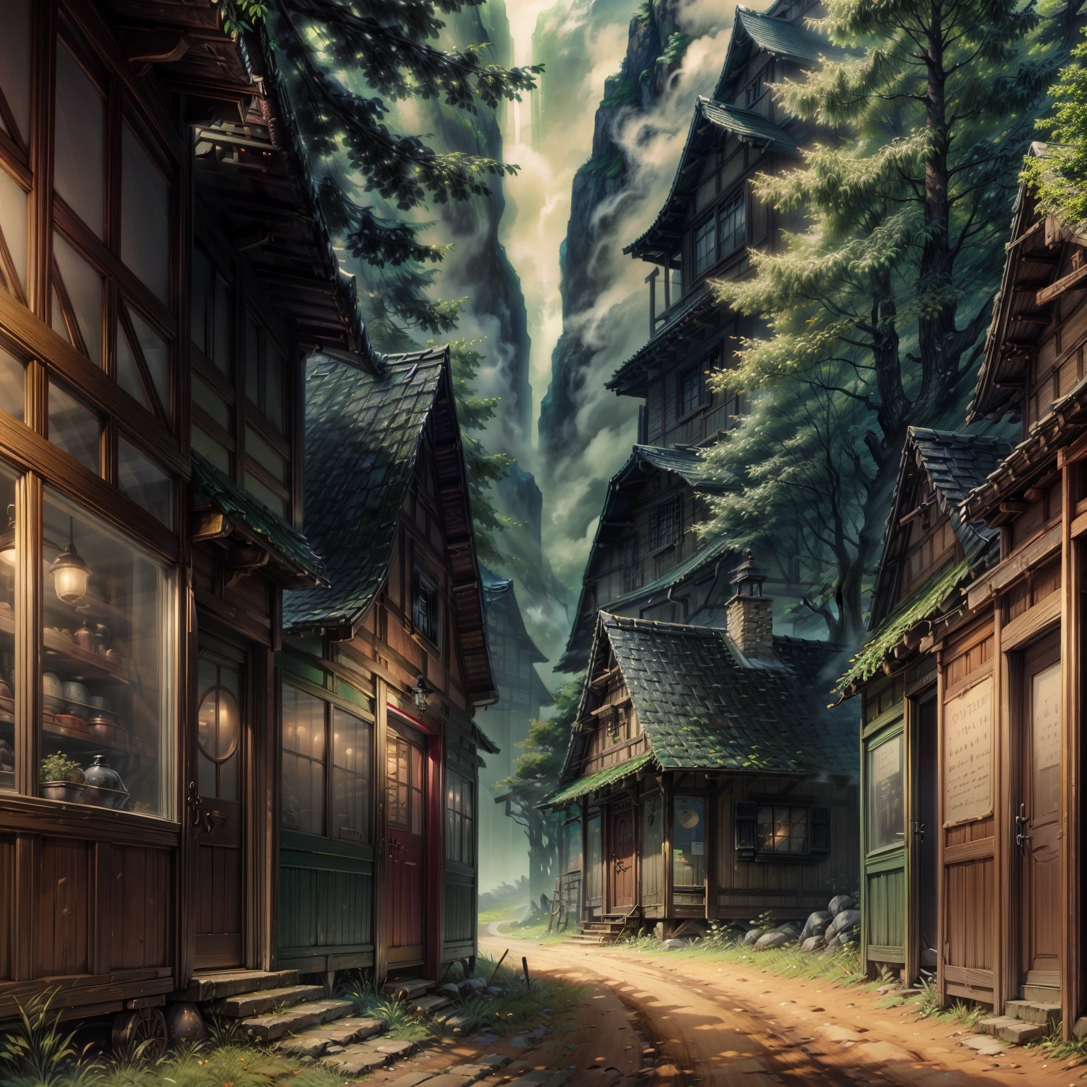 best quality,Masterpiece,The forest is peaceful and lonely. There is a shop in a large forest in the middle of a valley.