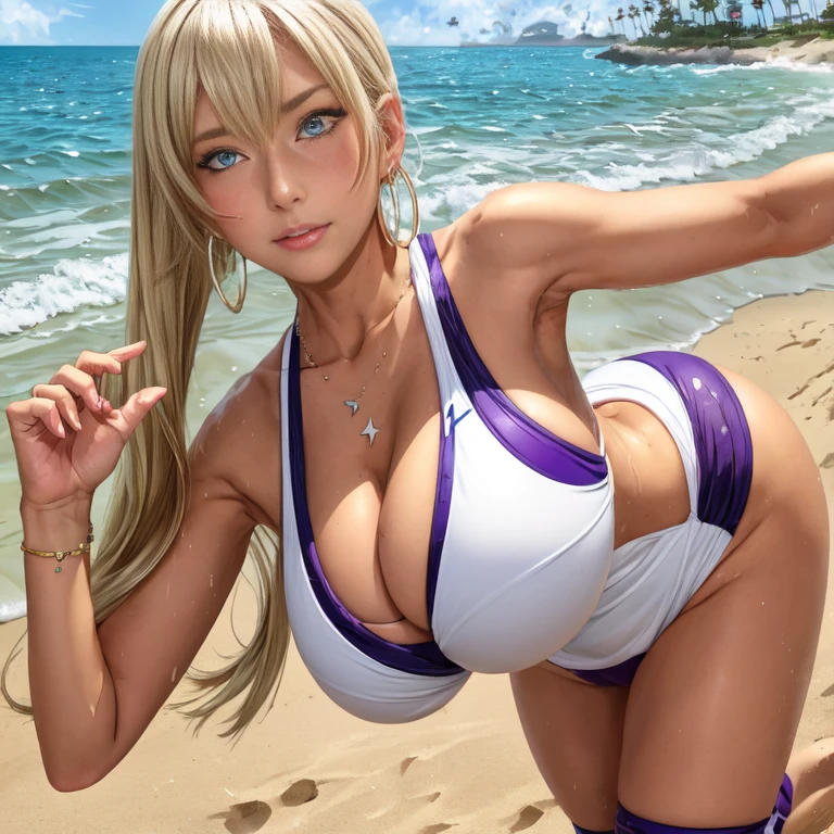 1 Lady Solo, /(Beachバレーユニフォーム/), /(Golden hair/)、Twin tails 、bangs, Blushing, I laughed lightly., (Masterpiece of the highest quality:1.2) Extremely detailed and intricate illustrations, Big break /(Beach volleyball court/)、Beach、Camel Toe、Giant tit、Nipple Puffs、Cleavage、Plump、Super big breasts、Super big butt、Earrings、Earrings、necklace、Thick lips、Heterochromia、Bracelet、Caster wheel、first round、Hair Charm、Lip gloss、Sweat、Jump、See-through、Dynamic、Cowboy Shot、attack、Super High Leg、Beachバレー、Hit the ball、sunglasses