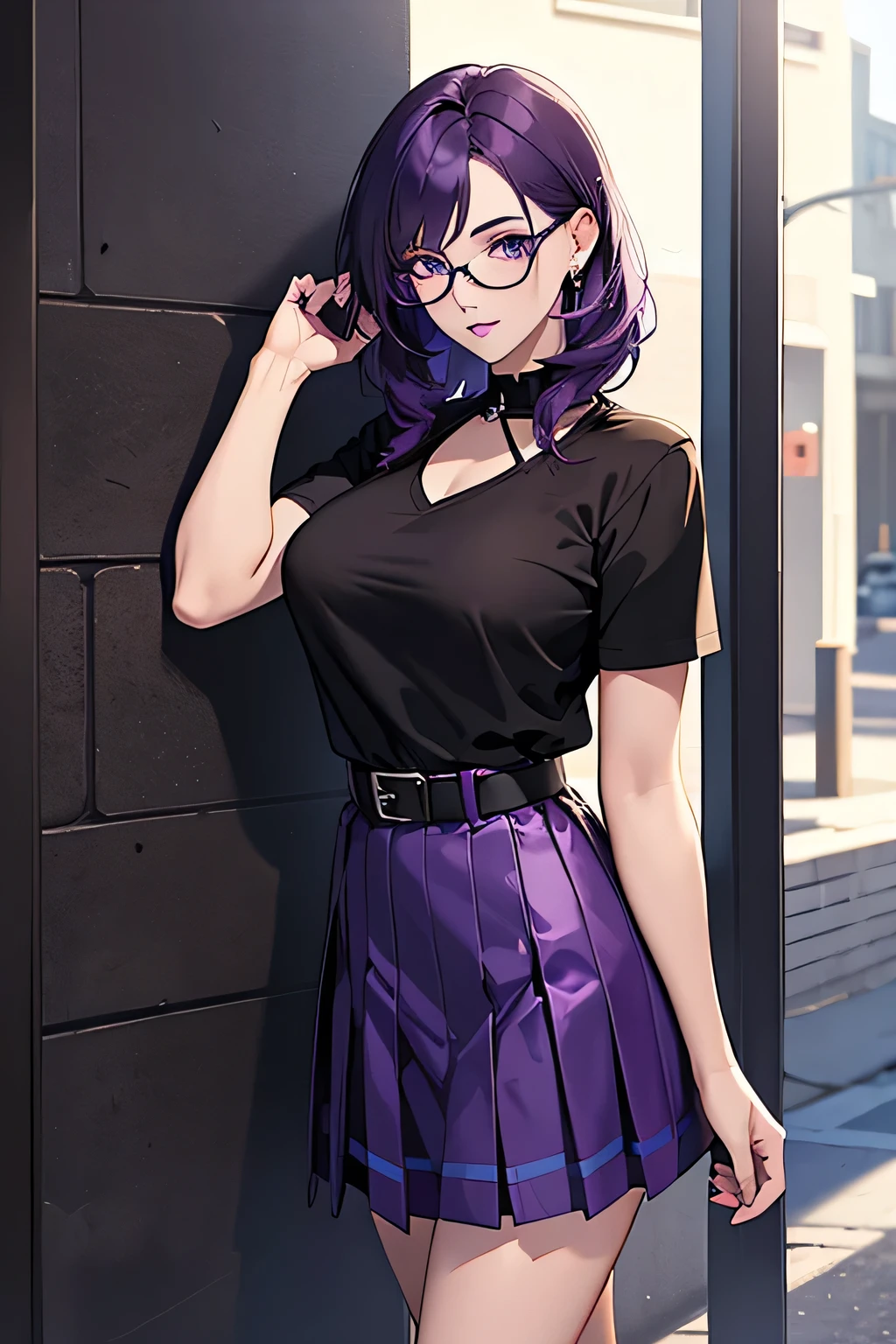 A gothic school girl with a big chest, squared purple hair, cut off her dark blue eye, wearing square glasses, a dark purple lip, wearing a black rock shirt, short sleeves, showing her arm, and a blue striped skirt when wearing a brown belt, wearing a brown belt, and wearing shiny black sneakers.