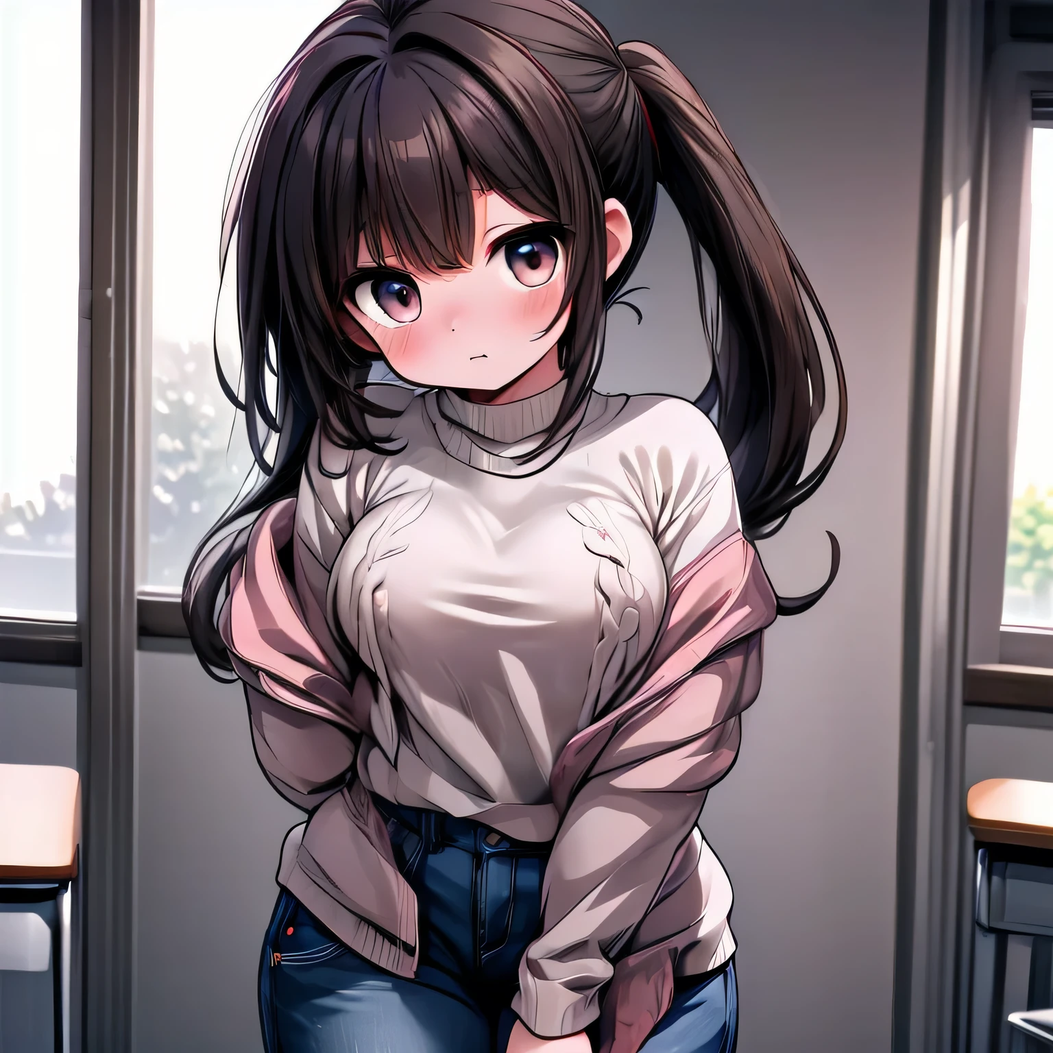 anime,Brown haired woman,Woman with short ponytail,Brown eyes,Body type is slightly chubby,Her breasts are small,Small ,Small breasts,White sweater and jeans