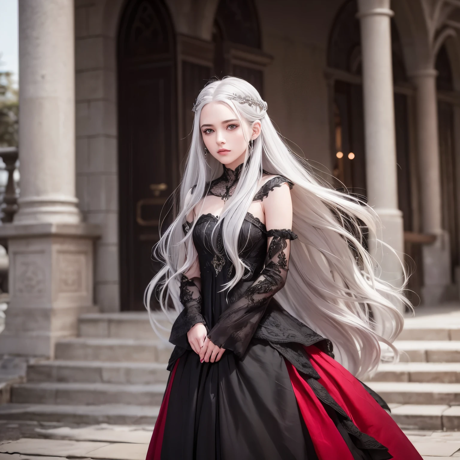 A girl around 20 years old, silver hair colour and long hair, green eyes, wearing a black and red dress just like in the kingdom era (inspired by Rhaenyra Targaryen)