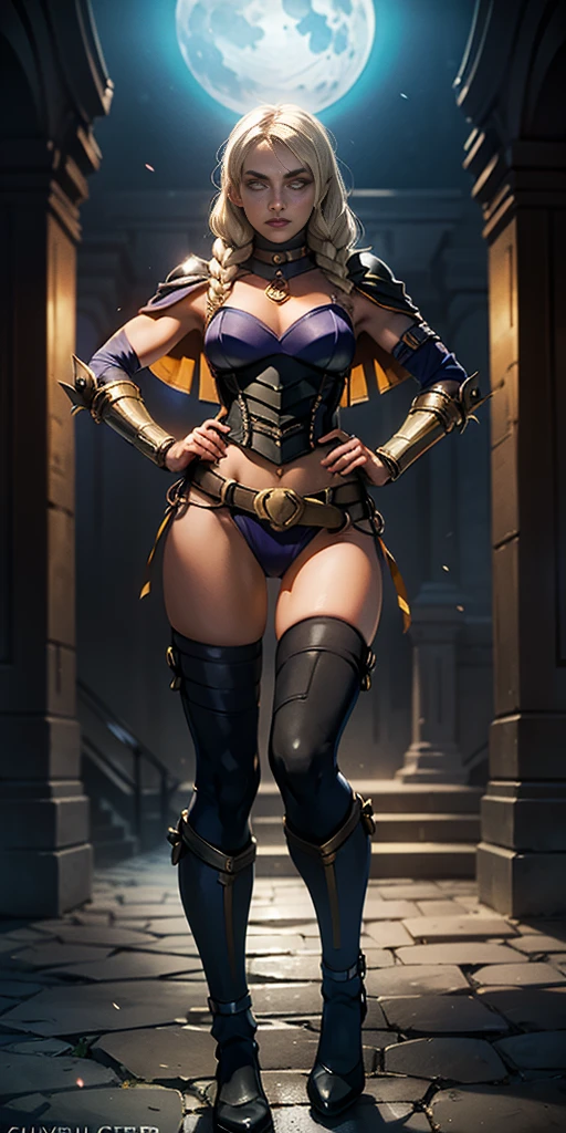 Female wearing tight gantz suit armor torn apart, black collar, corset, navel, abs, single braid, blonde, yellow glowing eyes, bright pupils, eye focus, red cape, temple indoors, stained glass windows, night, moonlight, particles, light beam, chromatic aberration, (full body, whole body. 1solo (girl) slave fighter, loincloth standing, hands on hips full body, whole body, 1solo (girl). slave fighter, standing, hands on hips, choker, big belt, view from below, feet together, bracers, tiara)