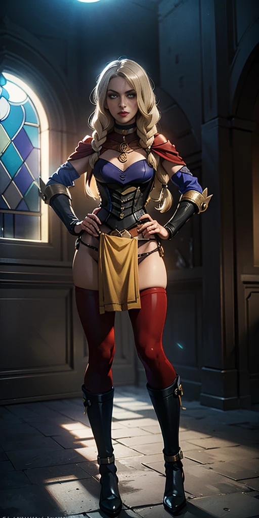 Female wearing tight gantz suit armor torn apart, black collar, corset, navel, abs, single braid, blonde, yellow glowing eyes, bright pupils, eye focus, red cape, temple indoors, stained glass windows, night, moonlight, particles, light beam, chromatic aberration, (full body, whole body. 1solo (girl) slave fighter, loincloth standing, hands on hips full body, whole body, 1solo (girl). slave fighter, standing, hands on hips, choker, big belt, view from below, feet together, bracers, tiara)