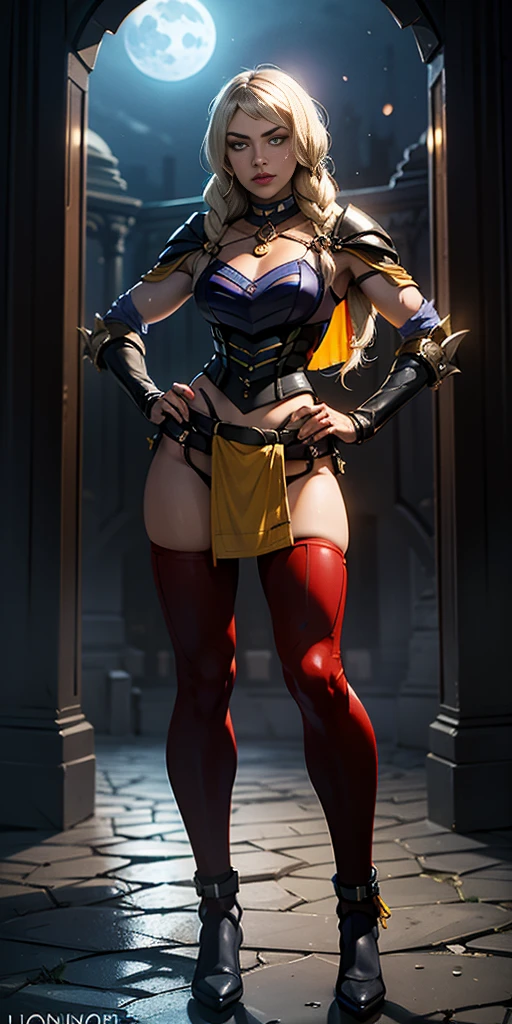 Female wearing tight gantz suit armor torn apart, black collar, corset, navel, abs, single braid, blonde, yellow glowing eyes, bright pupils, eye focus, red cape, temple indoors, stained glass windows, night, moonlight, particles, light beam, chromatic aberration, (full body, whole body. 1solo (girl) slave fighter, loincloth standing, hands on hips full body, whole body, 1solo (girl). slave fighter, standing, hands on hips, choker, big belt, view from below, feet together, bracers, tiara)
