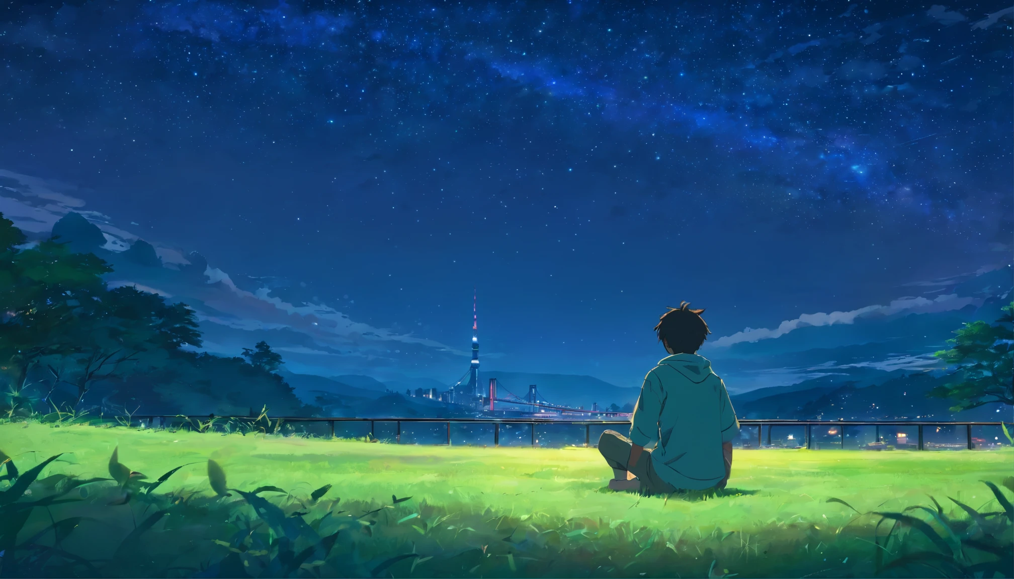 boy sitting on the grass, Gazing at the starry sky, Japan, Cyberpunk Scene