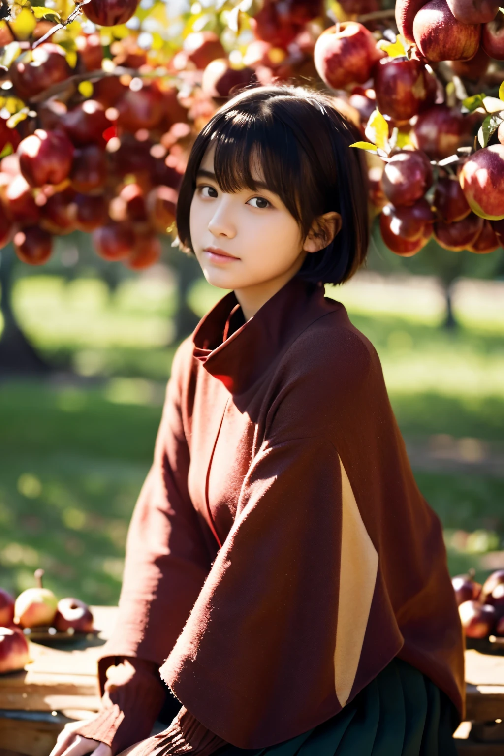 lens 135mm f1.8,(masterpiece, best quality:1.2), (raw photo), dappled sunlight, dramatic lighting, (beautiful 14yo Japanese girl), (chiseled face:0.7), (freckles:0.6), (face waiting for kiss:1.3), (rounded eye:0.8), (flat bangs:0.8), (short-cut:1.2) semi-buzzcut red color hair, flutter in the wind, (dark green oversized poncho), (dark red color Tunic), (dark red color pleated skirt), (at the apple orchard),