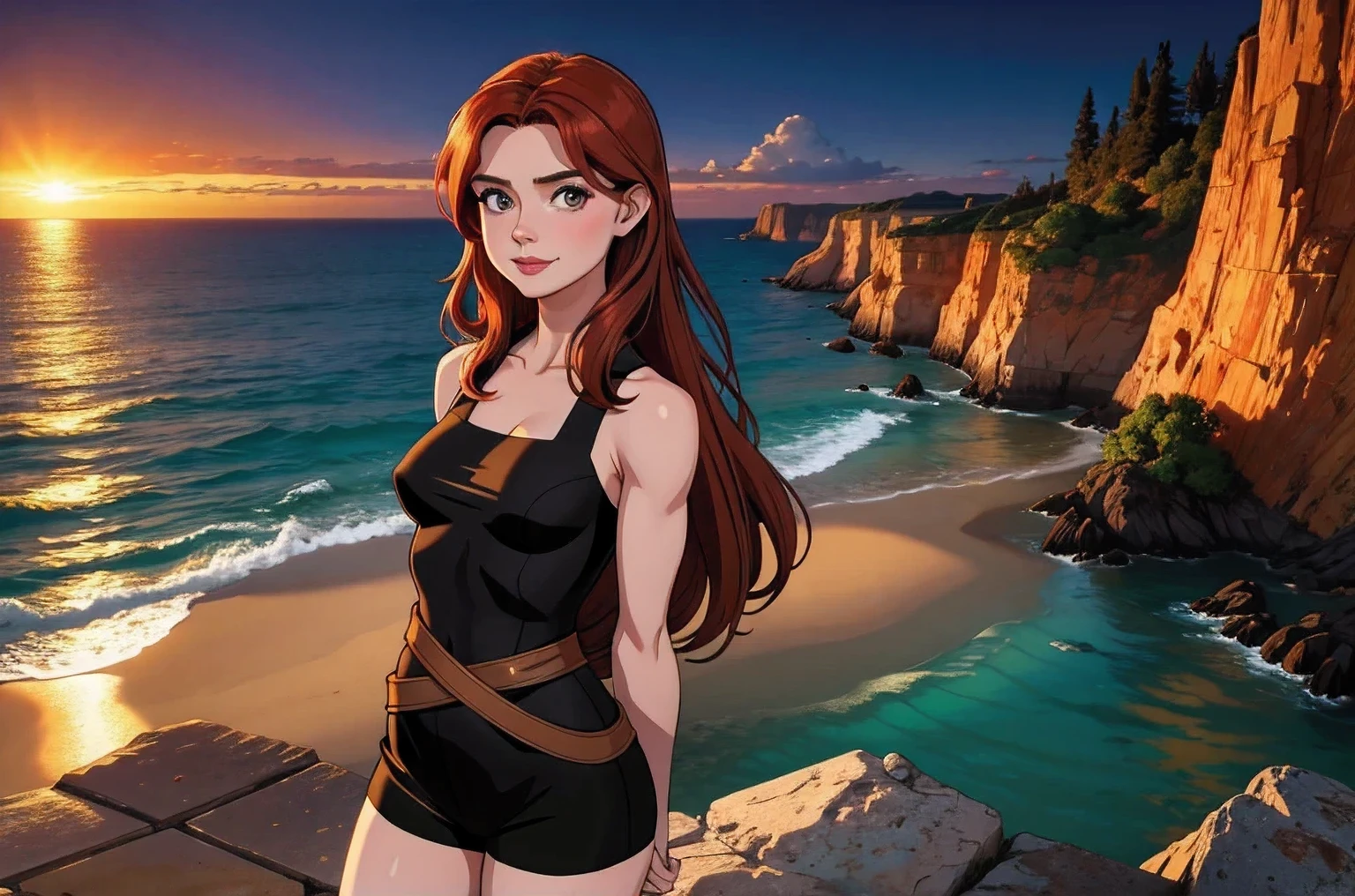 1girl, long hair, auburn hair, hair-part, hazel eyes, hourglass figure, large breasts, busty, (wide hips:0.85), thin waist, mascara, rosy cheeks, smokey eyes, lipstick, (beautiful, gorgeous:1.1), ([Amy Adams|Isla Fisher|Jenna Fischer]:1.2), (camisole:1.1), short shorts, flirty, smirk, tease, playful, naughty, (looking at viewer:1.4), standing, (arms behind back:1.5), detailed background, cliff overlooking the ocean, sea waves, rocky cliff, sunset, sunset, dusk, burnt sienna, golden glow, dark violet, (linework:1.1)
