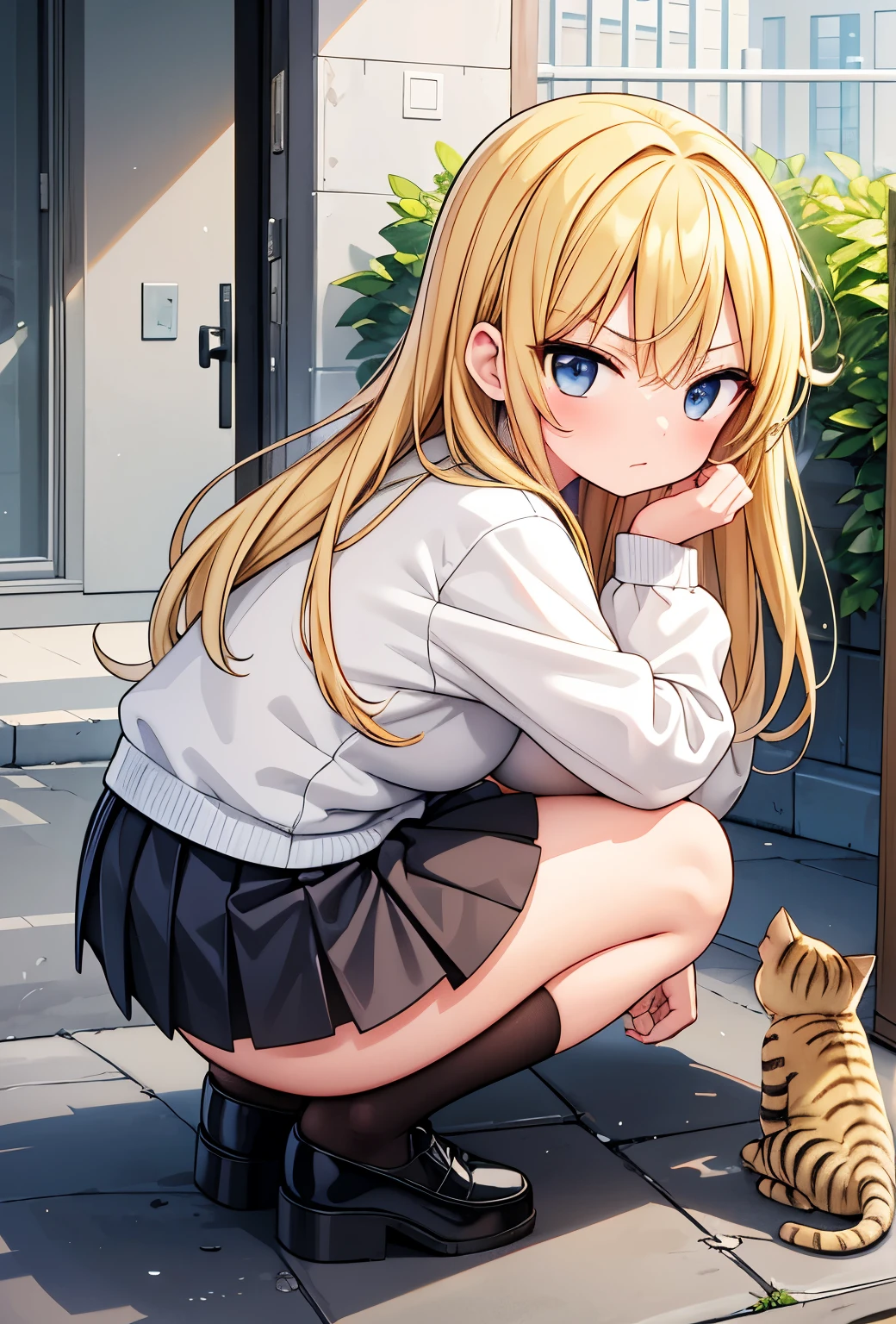 masterpiece, best quality, extremely detailed, anime, ,((Yankee girl)), ((squatting)), , glaring, skirt, blonde hair,with kitty